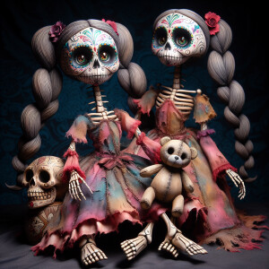 disney-esque creepy dolls with skeleton faces and dia de los Mue...