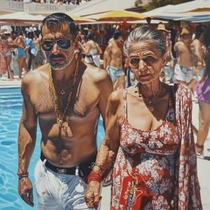 Painting photo,a muscular beefy criminal man walking with his sw...