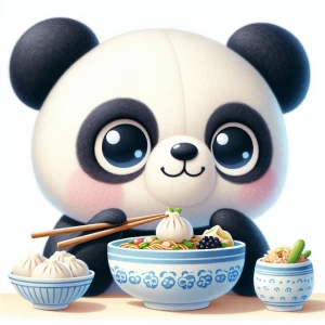 A cute image of a felt panda with big eyes eating Chinese food