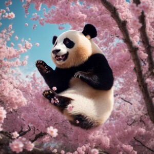 Panda playing on cherry blossoms with googly eyes
