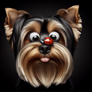 A whimsical goofy looking black and gold yorkie dog with big bul...