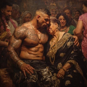 Hyperrealism .a muscular beefy sweaty tattoed indian man enjoyin...