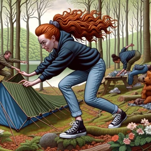 Create a photorealistic image of a woman with long ginger hair t...