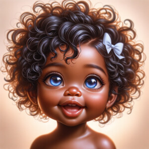 "Create a digital portrait of an adorable african-American baby girl with a joyful expression. Her big, bright blue eyes are wide with wonder, and her tiny mouth is shaped in a happy grin. Her skin has a warm, honey-brown tone, and she has an abundance of curly black hair, playfully tied up with light blue bows. The background is soft and neutral to keep the focus on her delightful features. The portrait should be vibrant and heartwarming, celebrating the innocence and charm of childhood."