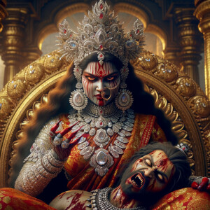 portrait of extremly angry looking goddess kali, sitting on a gold crown and carrying a weak mahishasur on her lap and stabbing him with her amazing long red finger nails. She is wearing diamond armor, a huge diamond crown, red saree, abundant diamond jewelry, covered in blood. The scene is set in ancient India. The image is 8K resolution, cinematic, ultra detailed face and epic.