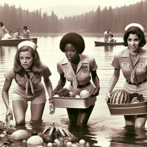 Generate a still from a campy 1972 B-movie. In the scene, three...