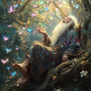 An old man with a kind, wrinkled face and a long, flowing white...