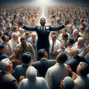 Create an image depicting an intense worship ceremony led by a commanding Central black preacher who, with authoritative presence, orders a demon to leave in Jesus's name, mirroring the spirit of Mark 16:17. Surround this figure with a devout congregation immersed in passionate prayer, their voices blending in a symphony of fervent, indecipherable tongues, enhancing the atmosphere of spiritual confrontation.