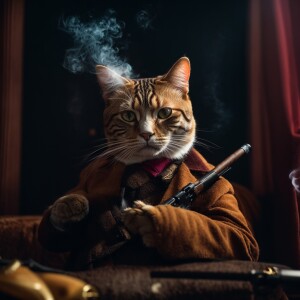 cat holding a rifle while smoking a cigar