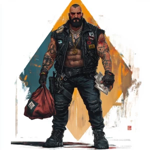 Create an image of a muscular man with a shaved head and a full...