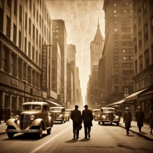 Depict a bustling 1930s New York City street scene with art deco...
