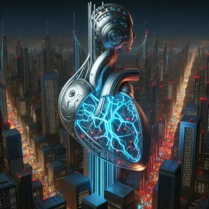 In the heart of a futuristic city, an enigmatic augmented helica...