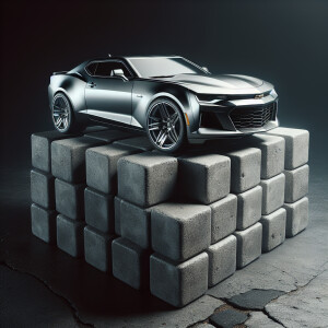 A 2020 camero sitting up on cinderblocks in an alley, no tires