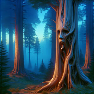 a serene forest scene at twilight, but with a twist: the trees h...