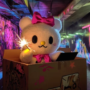A large plush character, similar to Hello Kitty, featuring white...