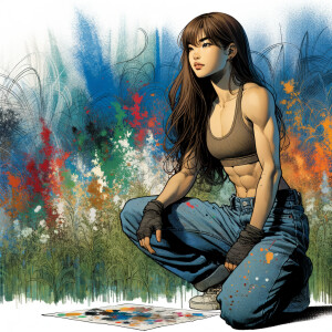 Very thin Athletic Thin skinny Attractive, Asian teenage girl, long brown hair and bangs, wearing tight skinny jeans and a halter top paint marks on her clothing, sitting side view heroic pose Asian graffiti