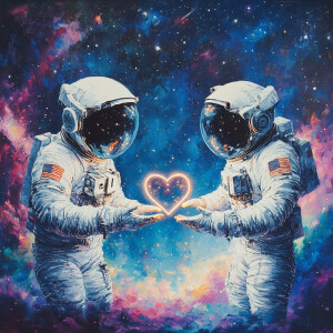 Two astronauts in zero gravity, gently holding a luminous heart-...