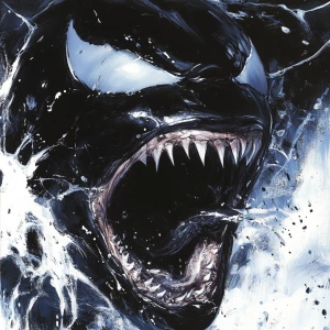 A  symbiote man's face transforming into a shark's snout.