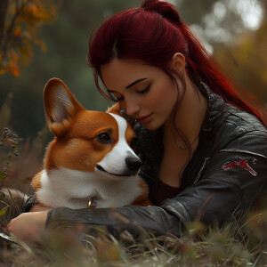 Create a realistic 4d image of a dark red brunette playing with...