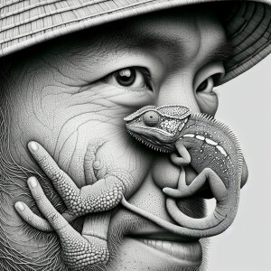 A chameleon hugging a man’s head