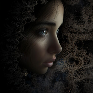 A straight-on, eye-level realistic digital portrait of a woman a...