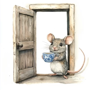 Mouse in open door, watercolor, holding a tiny blue delft cup of...