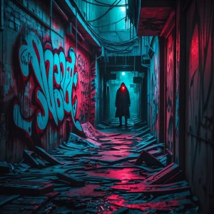 Twisted, nightmarish graffiti covering a decaying urban alleyway, dripping and pulsating with unnatural colors; a shadowy figure with glowing red eyes lurks in the background.