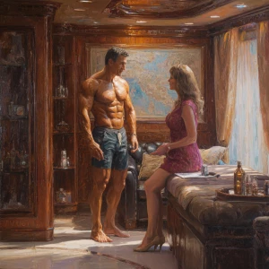 Realism photo painting, a muscular Russian man in his beach hote...