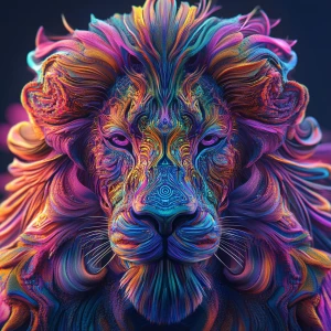 Create a 3D-rendered 8k UHD image of a lion with an extremely detailed, oversized psychedelic mane, incorporating vibrant colors and intricate patterns to emphasize a professional level of detail.