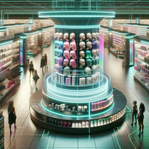 Futuristic beauty supply store, wig store, hair store hologram