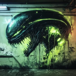 Create an image of a graffiti-style alien hybrid, adorned with neon-like dripping tentacles and luminescent fractal designs, spray-painted onto the decaying hull of a spaceship. Capture the essence of street artist 108's raw and chaotic artistic approach.