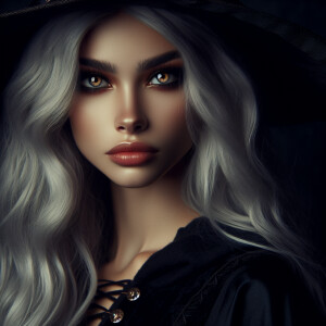 Create an image of a stunning 19-year-old witch with a dark aest...
