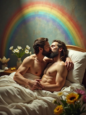 Create an image of a shirtless Jonathan Toews affectionately kis...