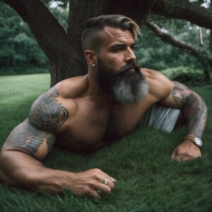 a powerful and self-assured bodybuilder sporting a striking gray...