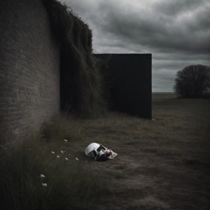 Generate a monochrome image of a desolate, grassy field enclosed...