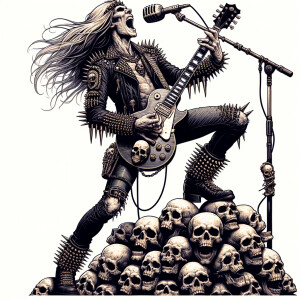 Rock star with long blonde hair dressed in leather and spikes playing a Les Paul guitar with skulls on it screaming into a microphone made of skulls standing on a pile of skulls