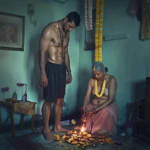 A muscular sweaty indian criminal man celebrating diwali festiva...