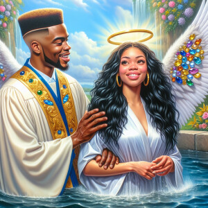 An oil painting depicting a light-skinned African-American pasto...