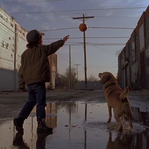 DVD screen grab, 1980’s Cinema, kid is throwing a ball to a dog.