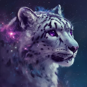 Generate an ultra-realistic image of a snow leopard infused with a cosmic theme; its fur should artfully incorporate celestial patterns like stars and nebulas, and it should have luminous purple eyes that stand out.