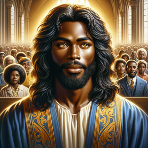 Illustrate an inspiring African-American Jesus crust with a dign...