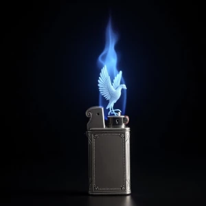 Photorealistic image of an antique silver lighter. The flame, bu...
