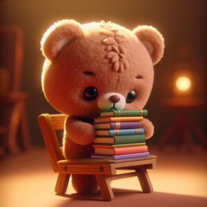 Cute teddy bear carry books to his little reading chair and cosy...