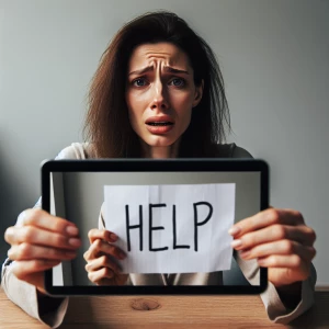 A woman visibly distressed on a Zoom call discreetly holding up...