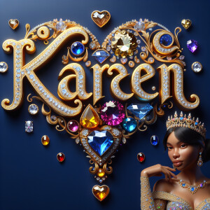 Craft a 3-D image showcasing the name 'KAREN' in a luxurious gol...
