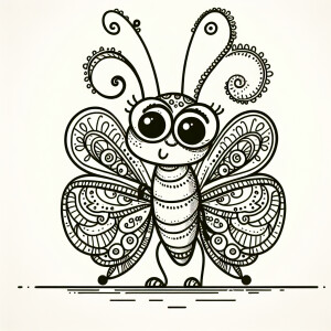 1200 dpi line art of a comical whimsical butterfly