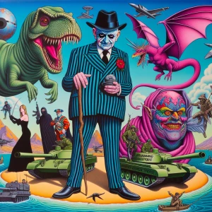 Pixar style middle aged gaunt man on an island in pinstriped sui...