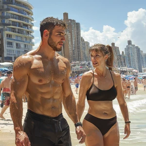 Create a photorealistic image of a muscular, perspiring man walk...