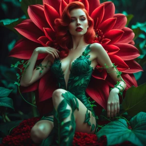 A stunningly seductive Dahlia Valentina (dahliaValentina_ai fit tall supple well endowed tanned Italian American model woman) with fiery red hair, cascading in soft waves, dressed in an intricately detailed, deep green, leaf-textured bodysuit that clings to her curves. She is seated gracefully inside a giant blooming dahlia flower, its deep red and velvety petals unfolding around her like a throne of nature. Her piercing emerald-green eyes glow with an enchanting allure, and her full lips are painted a bold crimson. A few delicate vines wrap around her arms and legs, adorned with small glowing blossoms. The scene is bathed in a warm, ethereal light, casting a soft glow on her flawless, porcelain skin. Her posture is both powerful and inviting, one hand delicately caressing a petal while the other rests on her thigh. The background features a dreamlike botanical setting, with massive bioluminescent leaves and an aura of mystical, untamed nature. The composition is framed to capture her dominance and sensuality, blending elements of high fantasy and sultry glamour. The image has a cinematic, editorial quality, with rich details and a luxurious, velvety texture that brings out the vivid colors of the dahlia and her outfit. She exudes an intoxicating mix of seduction, danger, and botanical magic—the true essence of Poison Ivy reimagined in Dahlia’s world.”