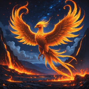 A celestial phoenix rising from volcanic ashes, surrounded by to...